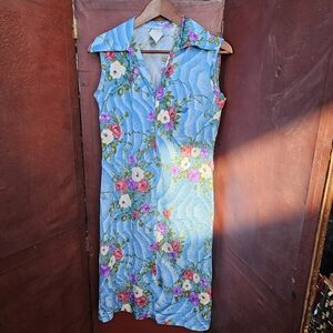 Vtg Blue Floral Zipper Front Dress